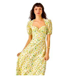 NWT ASTR‎ THE LABEL YELLOW FLORAL COTTAGE CORE PUFF SLEEVE MIDI DRESS WOMENS S